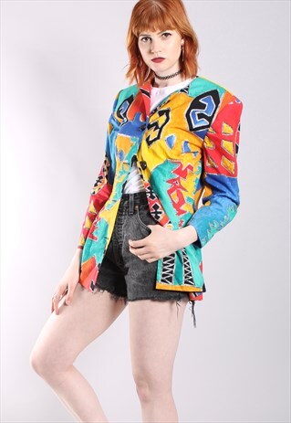VINTAGE 80S CRAZY PATTERNED FITTED FESTIVAL BLAZER JACKET