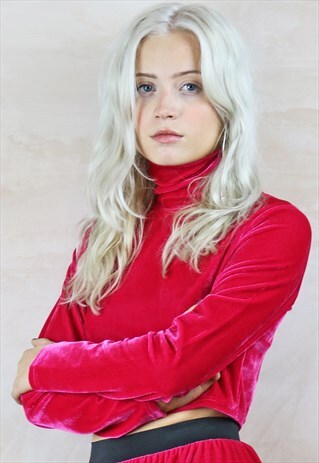 PINK VELVET TURTLE NECK CROP TOP