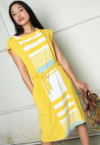 VINTAGE 70S PARIS CHIC STRAIGHT CUT DRESS IN YELLOW TERRY