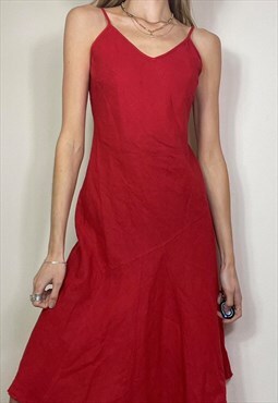 Vintage Y2K Linen Midi Slip Dress Summer Red
