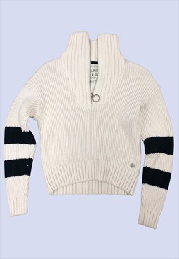 White Navy Cotton Ribbed High Neck Zip Cropped Jumper