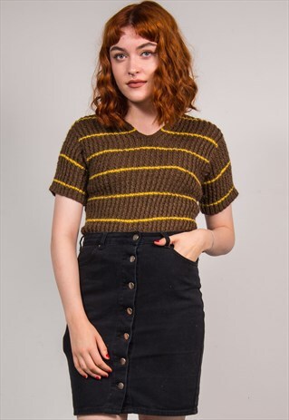 VINTAGE 70'S BROWN STRIPE KNIT V-NECK TOP