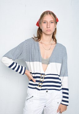 Vintage 80s CARRIE striped front button sweatshirt jumper