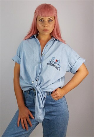 VINTAGE 90'S LIGHTWEIGHT DENIM BLOUSE CARTOON DOLPHIN