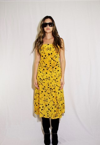 YELLOW & BLACK PRINT SPAGHETTI STRAP MIDI DRESS