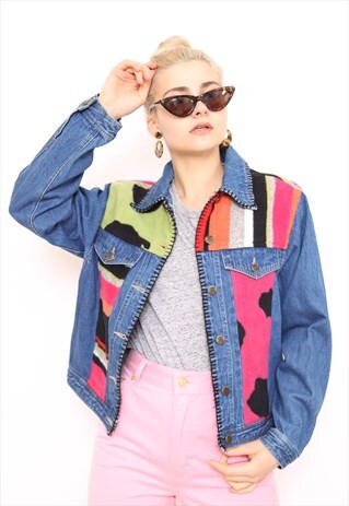 VINTAGE 90S MULTICOLOURED FLUFFY DENIM OVERSIZED JACKET