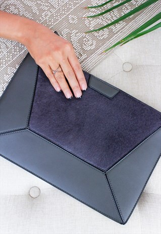 GREY FAUX LEATHER & FAUX SUEDE CLUTCH BAG