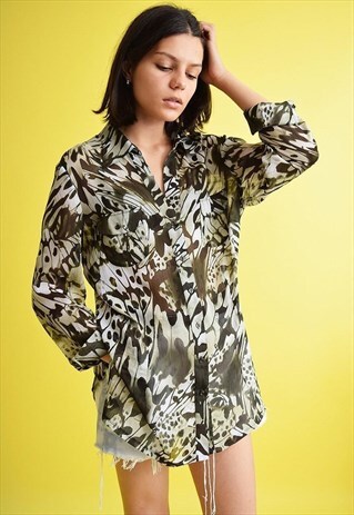 90'S ABSTRACT FLORAL PATTERN PRINT SHEER OVERSIZED SHIRT