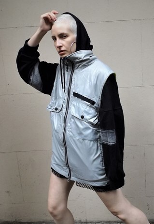 LOOSE FIT CARGO POCKET FLUORESCENT LINING GILET VEST JACKET