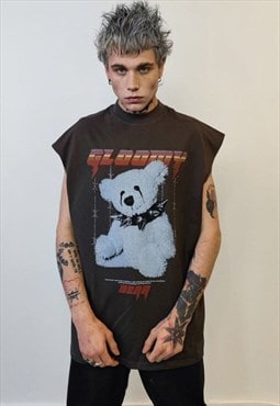 Punk bear sleeveless t-shirt teddy tank top choker vest tee