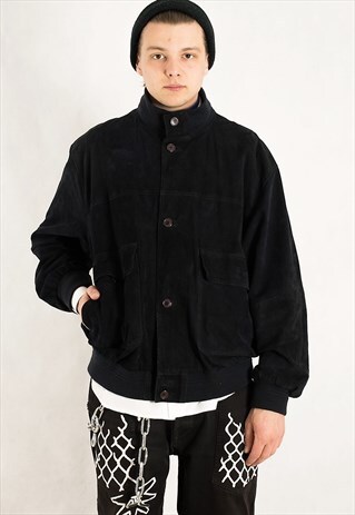 VINTAGE 90S MENS BLACK REAL SUEDE BOMBER VARSITY JACKET