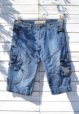 Deadstock blue linen/cotton low rise cargo bermuda shorts.