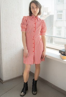 Vintage 70's Red Striped Puff Sleeved Mini Swiss Dress
