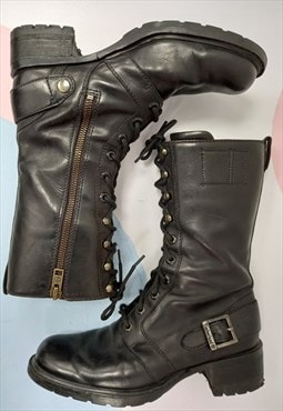 00s Mid Calf Biker Boots Black Leather 