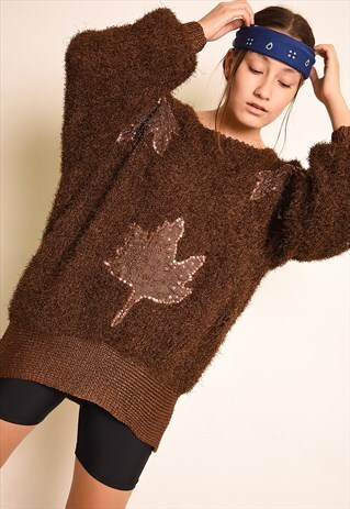 80'S LEAF EMBROIDERED SEQUINNED FLUFFY FURRY KNIT JUMPER