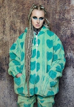 Heart fleece jacket handmade detachable raver puffer green