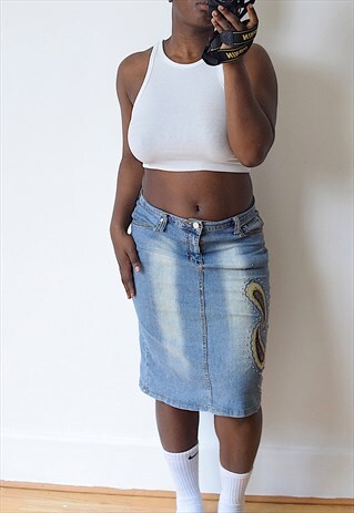 VINTAGE 00S DENIM MIDI SKIRT EMBROIDERED