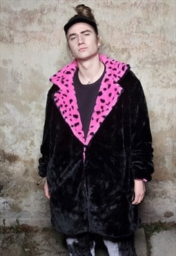 Leopard fleece coat handmade reversible animal trench coat