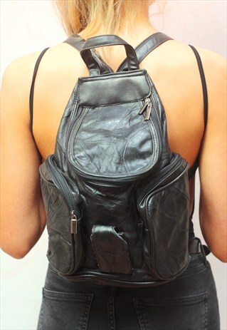 1990S VINTAGE JET BLACK REAL LEATHER BACKPACK