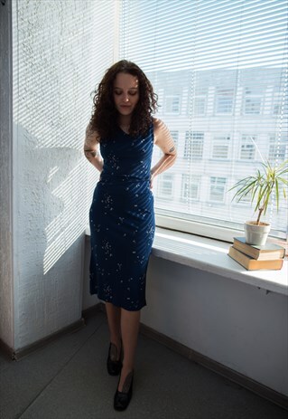 VINTAGE 80'S NAVY FLOWER PRINT SUMMER SLEEVELESS DRESS