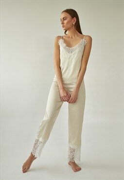 Champagne satin pajama set with lace trim Camisole and pants