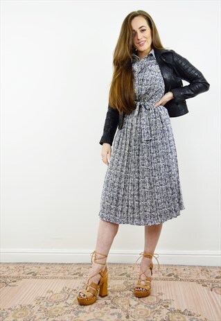 VINTAGE 80S MONOCHROME ABSTRACT PLEATED SHIRT DRESS