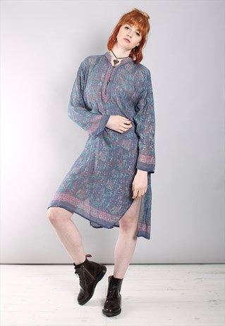 VINTAGE 70S ELEPHANT BATIK PATTERNED SHEER TUNIC DRESS