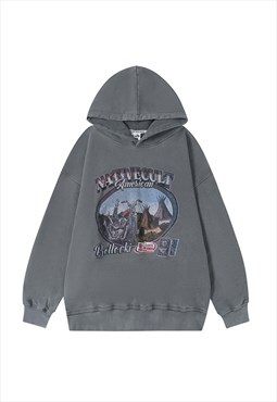 Grey Washed Graphic Oversized Hoodies Y2k