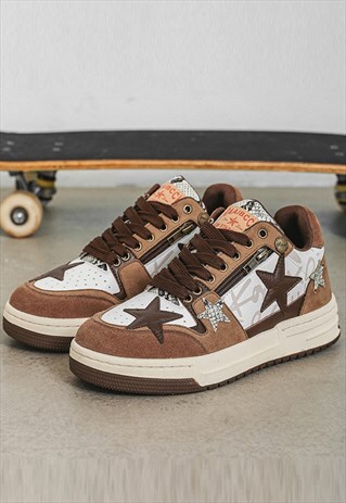 Star patch sneakers chunky sole trainers skater shoes brown