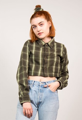 VINTAGE GREEN CHECK CROPPED FLANNEL SHIRT