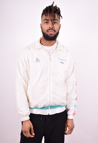 MENS VINTAGE TRACKSUIT TOP JACKET LARGE WHITE 90'S