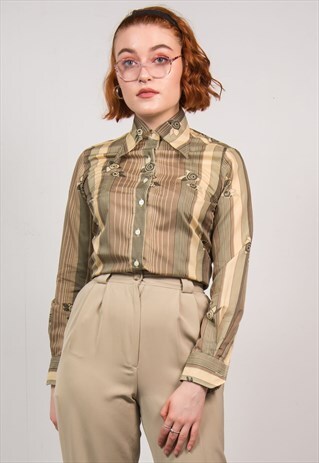 VINTAGE 70'S BROWN STRIPED FLORAL SHIRT