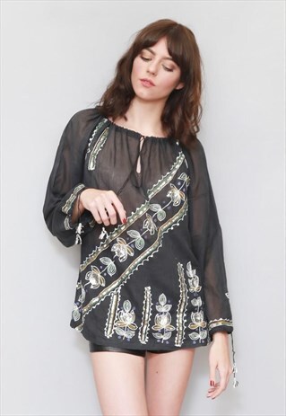 VINTAGE 1970'S BLACK COTTON EMBROIDERED BOHO TOP