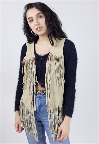 VINTAGE 90'S BEADED TASSEL BROWN SUEDE WAISTCOAT