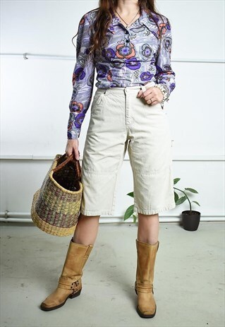 VINTAGE 90S BENETTON HIGHWAISTED DENIM CARGO SHORTS CREAM