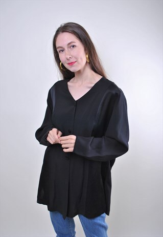 80S VINTAGE WOMEN BLACK EVENING MINIMALIST BLOUSE, SIZE L