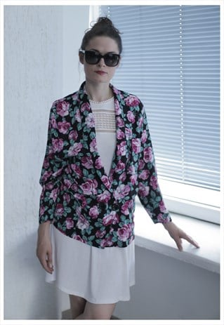 VINTAGE 80'S BLACK FLOWER PRINT LONG SLEEVES JACK