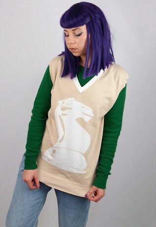 ONTFRONT VINTAGE UNISEX PREPPY KNIT VEST KNIGHT PATTERN