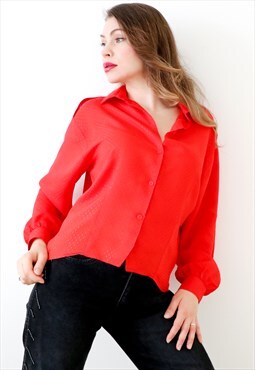80s Vintage Blouse Bright Red Shirt V-cut Back Slit 1980s