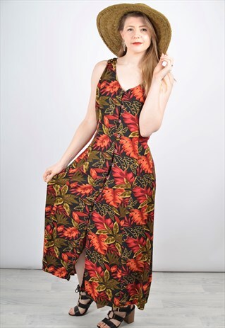 VINTAGE 90S BUTTON MAXI DRESS IN ORANGE TROPICAL LEAF PRINT