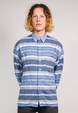 90'S VINTAGE BLUE AZTEC PATTERN FLANNEL STYLE SHIRT