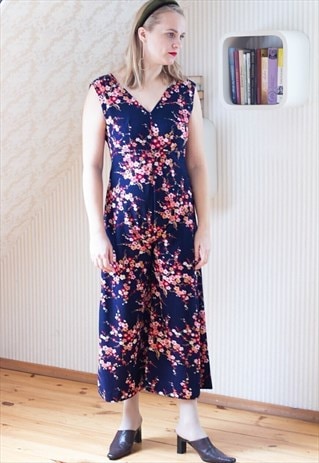 Dark blue floral wide leg jumpsuit