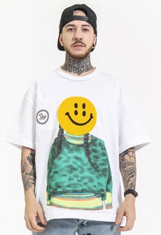 TRENDY GIRL SMILEY EMBROIDERED ROUND NECK T-SHIRT