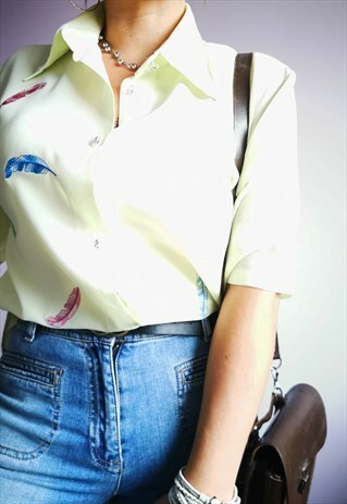 VINTAGE 80'S FEATHER EMBROIDERY GREEN SHEER SHIRT BLOUSE TOP