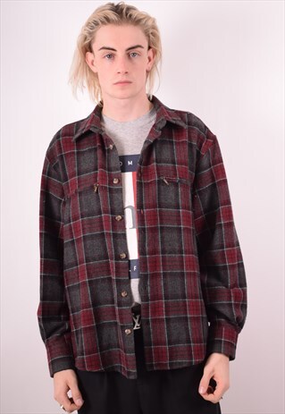 MENS VINTAGE FLEECE SHIRT LARGE MULTI CHECK 90S