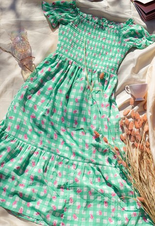 GREEN GINGHAM RUCHED TOP TWO TIER DRESS