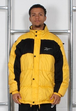 Vintage Reebok Puffer Jacket Yellow with Embroidered Logo XL