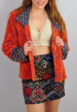 VINTAGE BURNT ORANGE EMBELLISHED FLEECE FUN FUR JACKET
