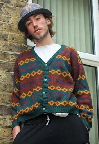 VINTAGE / 80'S / GREEN PATTERNED CARDIGAN