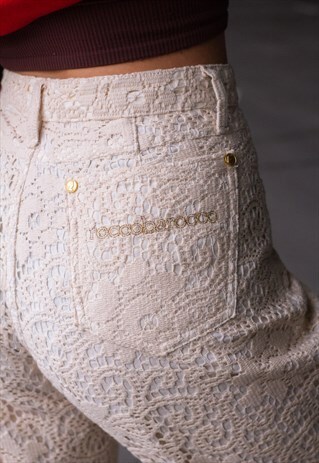 VINTAGE 00'S ROCCOBAROCCO EMBROIDERED SPELLOUT JEANS INCREAM